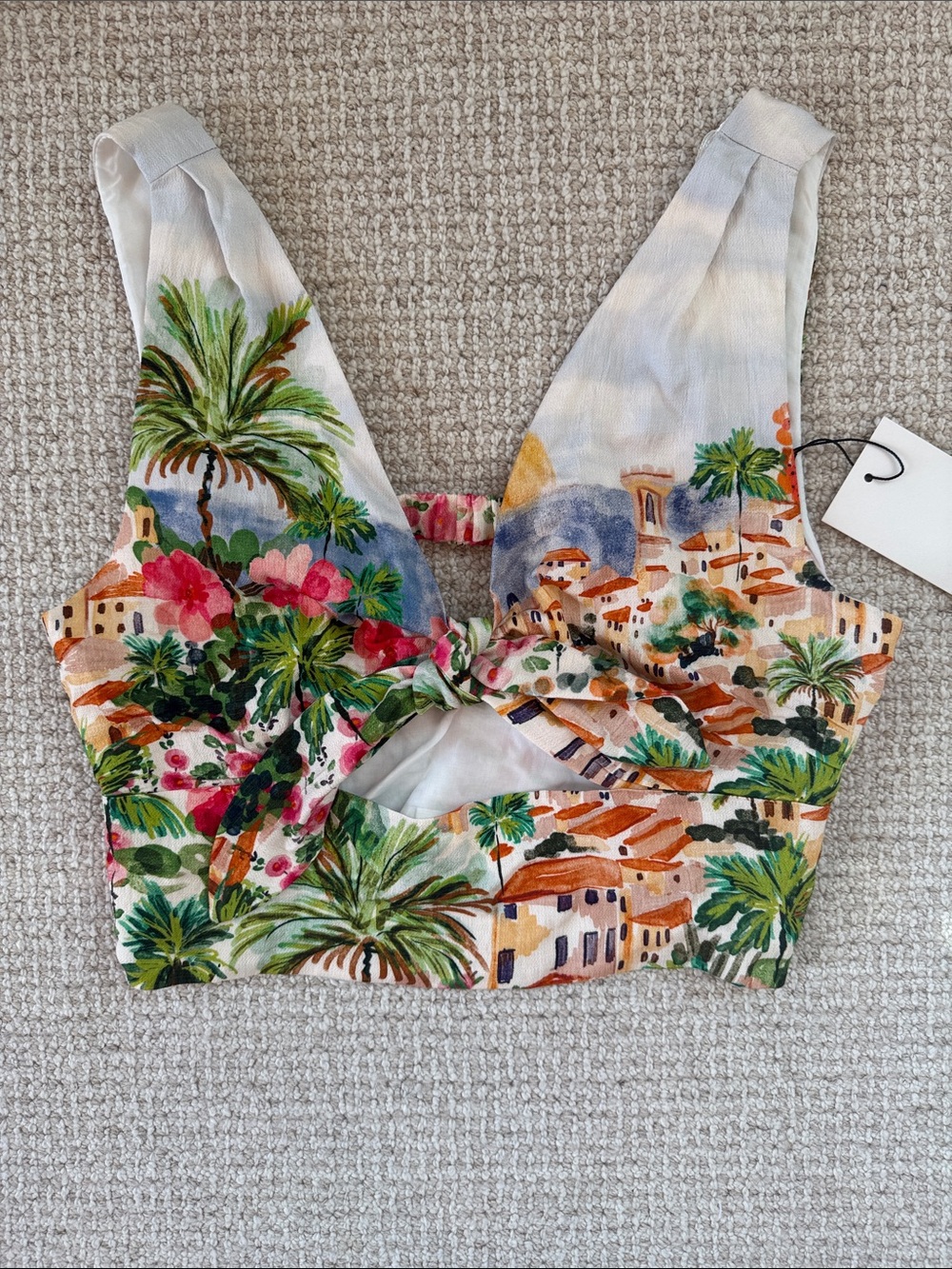 Zara White Multi Tropical Knot-Front Crop Top